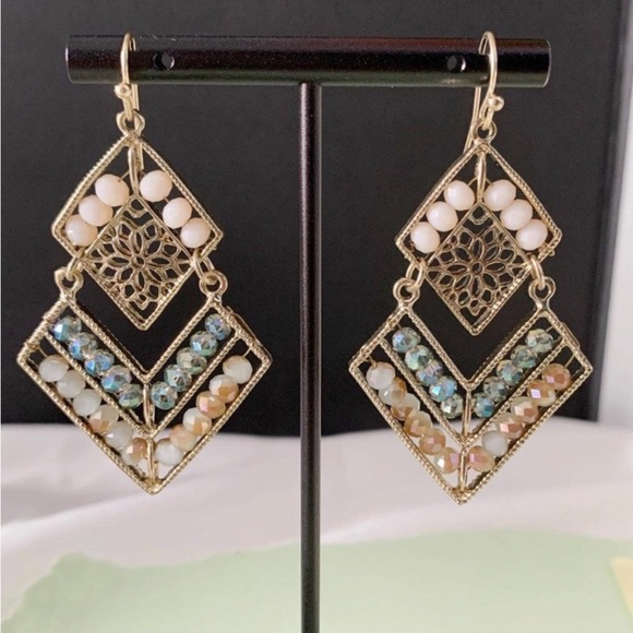 Elegant Gold and Multicolor Geometric Earrings - Picture 2 of 5